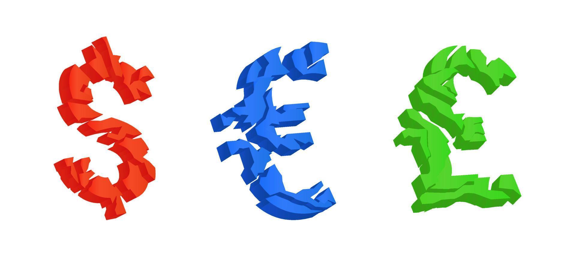 gebroken gekleurde valuta symbolen. volume 3d gebarsten tekens van rood dollar en blauw euro ineenstorting groen pond sterling bank valuta economisch devaluatie vector faillissement ontwerp