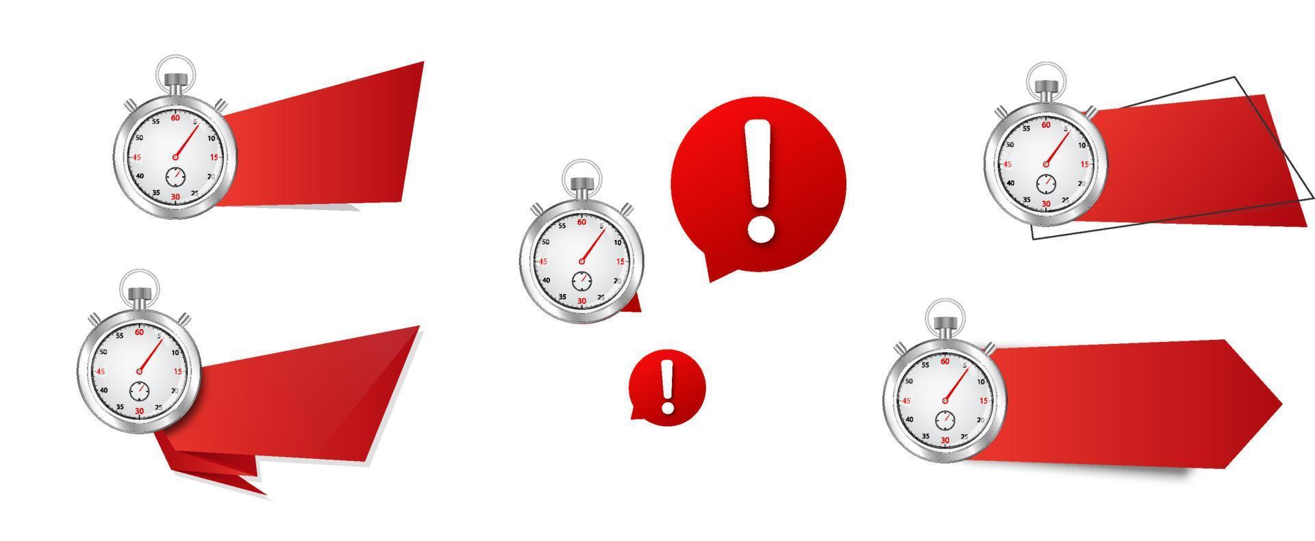 stopwatch met rood banier set. lint sjabloon met klok een uitroep Mark symbool voor reclame creatief decoratie specials timer uitverkoop of noodgeval vector levering het formulier.