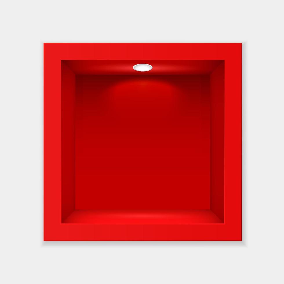 rood houder met glas en verlichting sjabloon. binnen- leeg kubus tentoonstelling staan met wit achtergrondverlichting lamp vector