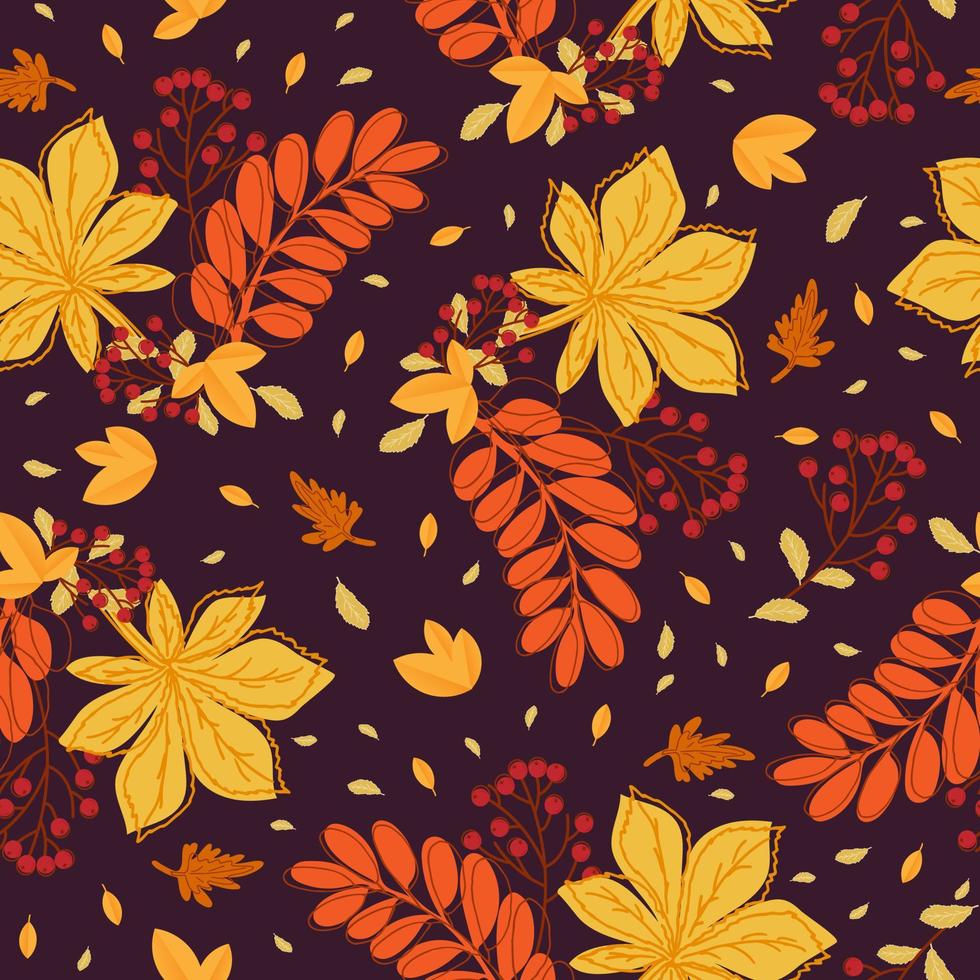 naadloos patroon met herfst bladeren van kastanje en lijsterbes Aan donker achtergrond. vector