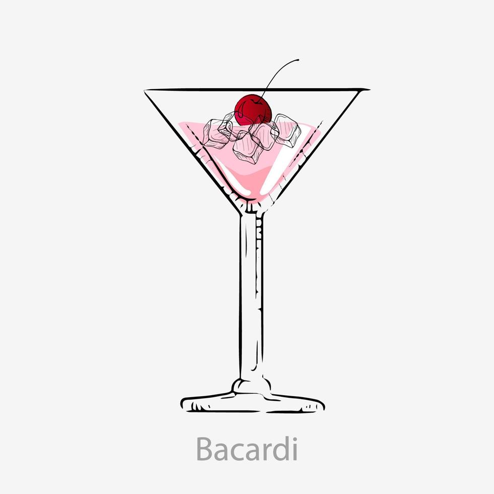 bacardi cocktail. Cubaans aperatief cocktail roze alcoholisch, zoet bacardi rum grenadine en citroen sap in cocktail glas, categorie onvergetelijk verkwikkend, verfrissend geserveerd vector kers.