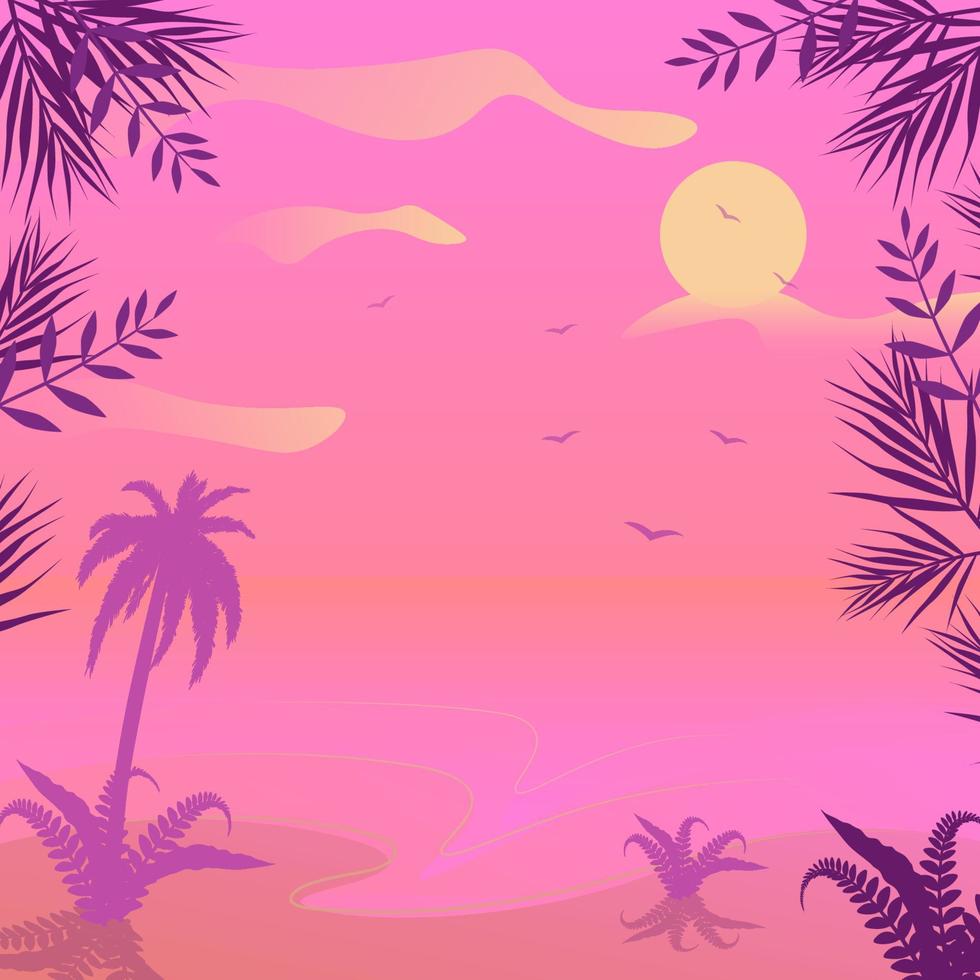 zomer toevlucht met water het wassen kust. tropisch oerwoud met palm boom bladeren. vogelstand vliegend in lucht Aan zonsondergang vector illustratie.