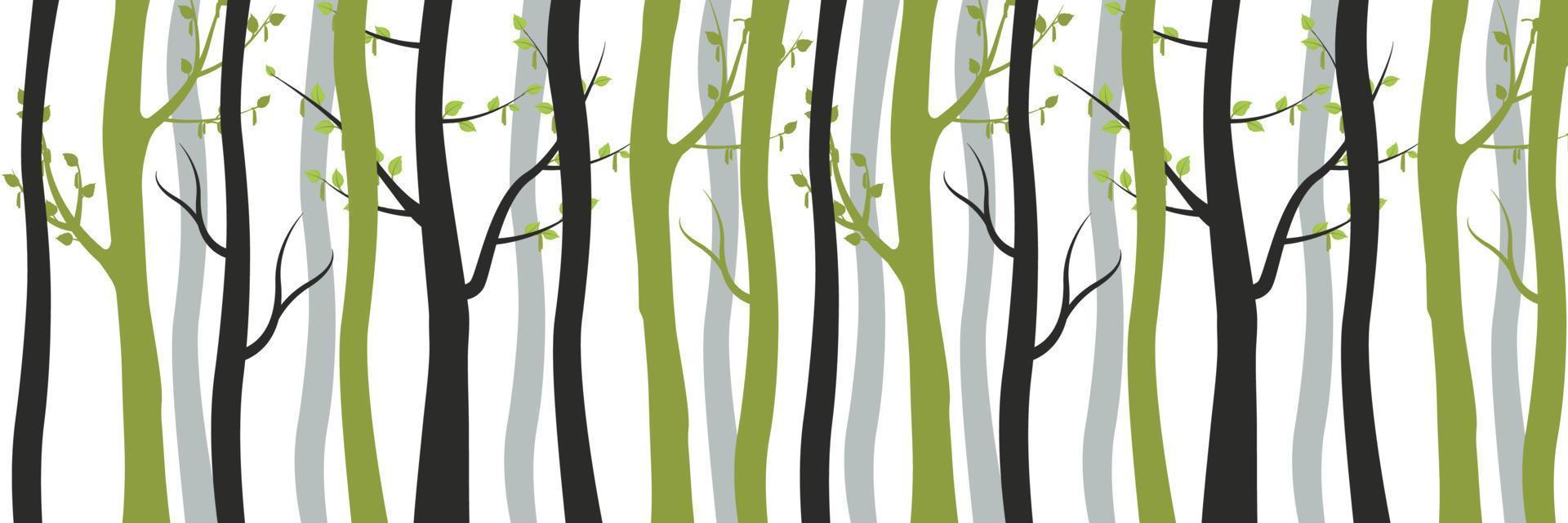 groen en verdord zwart bomen in Woud achtergrond. slank jong berken met bloeiende bladeren en oud dood boomstammen verweven. vector