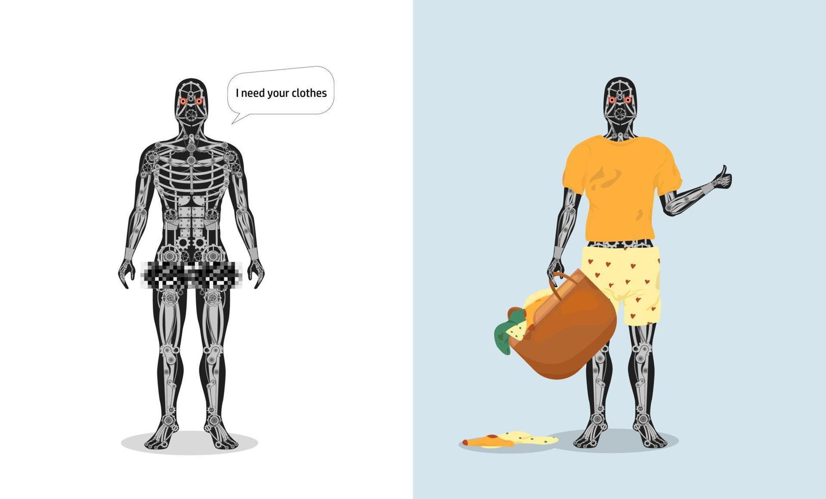 robot in kleren en zonder clip art. mechanisch humanoid skelet automaat en tevreden gekleed met mand tweedehands vector dingen.