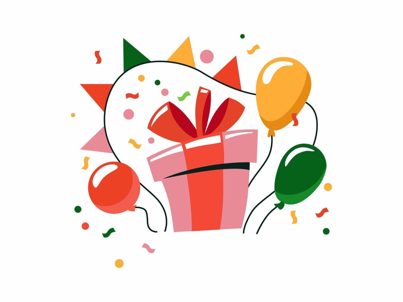 feestelijk doos met geschenk. kleurrijk verrassing met rood breed lint en gekleurde ballonnen verjaardag feest. vector