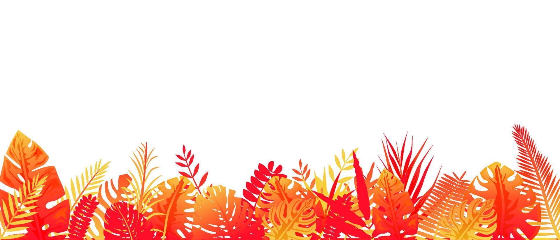 rood geel varen achtergrond. horizontaal tropisch regenwoud decoratie in stralen van instelling zon bloemen botanisch achtergrond elegant helder rood varen bladeren wild natuurlijk gazon in vector verzadigd kleuren.