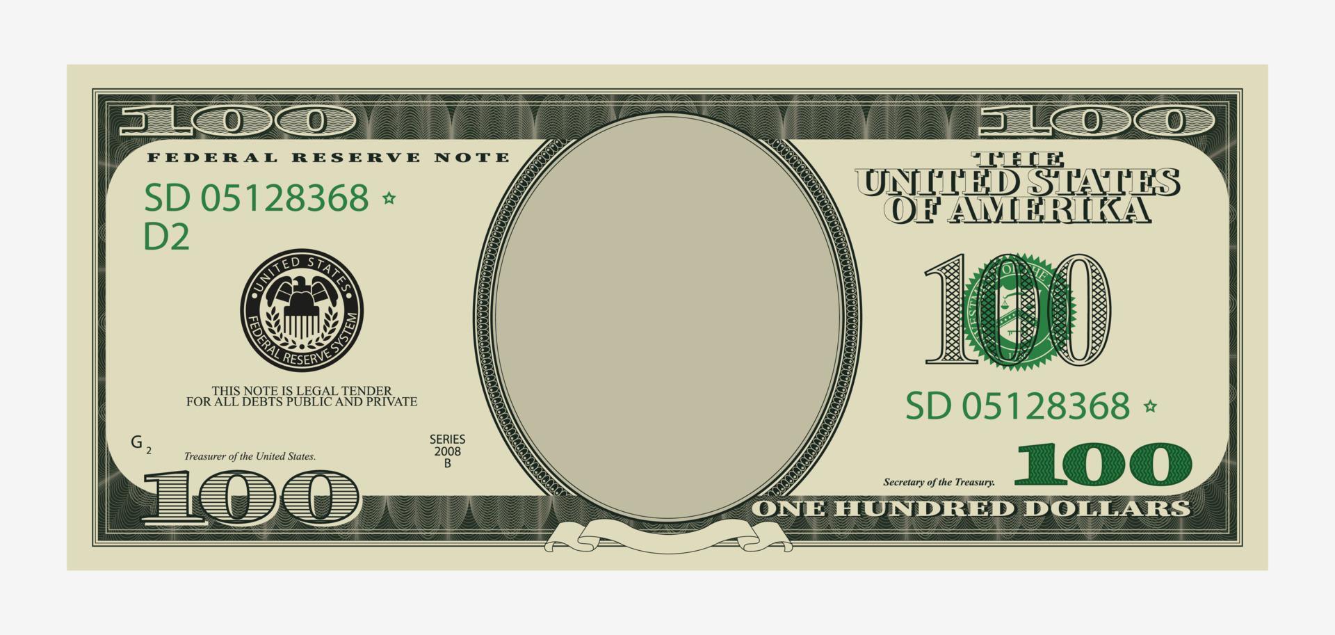 een honderd dollars Bill sjabloon. Amerikaans bankbiljet met leeg portret centrum papier geld economisch investering vector sjabloon voor invoegen uw gezicht tekening.