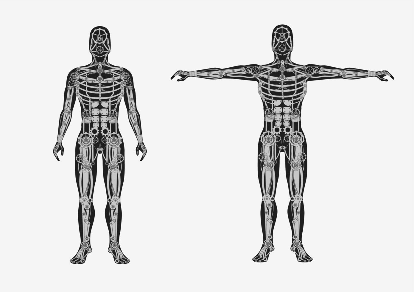 mechanisch menselijk lichaam. mechanisch cyborg met metaal lichaam onderdelen kunstmatig automaat futuristische vlak ontwerp monochroom anatomie vector robot steampunk tekening van staal skelet.