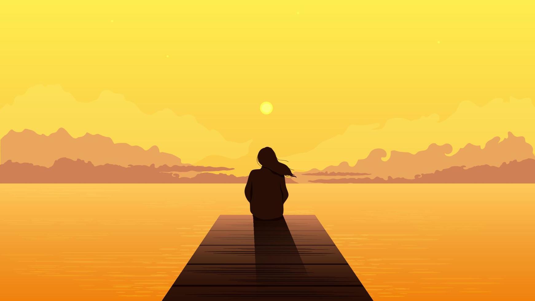 eenzaam meisje silhouet op zonsondergang. triest alleen dromerige vrouw zitten kijken naar oranje zonsondergang tussen wolken op zee pier illustratie persoon eenzaamheid peinzende vector depressie.