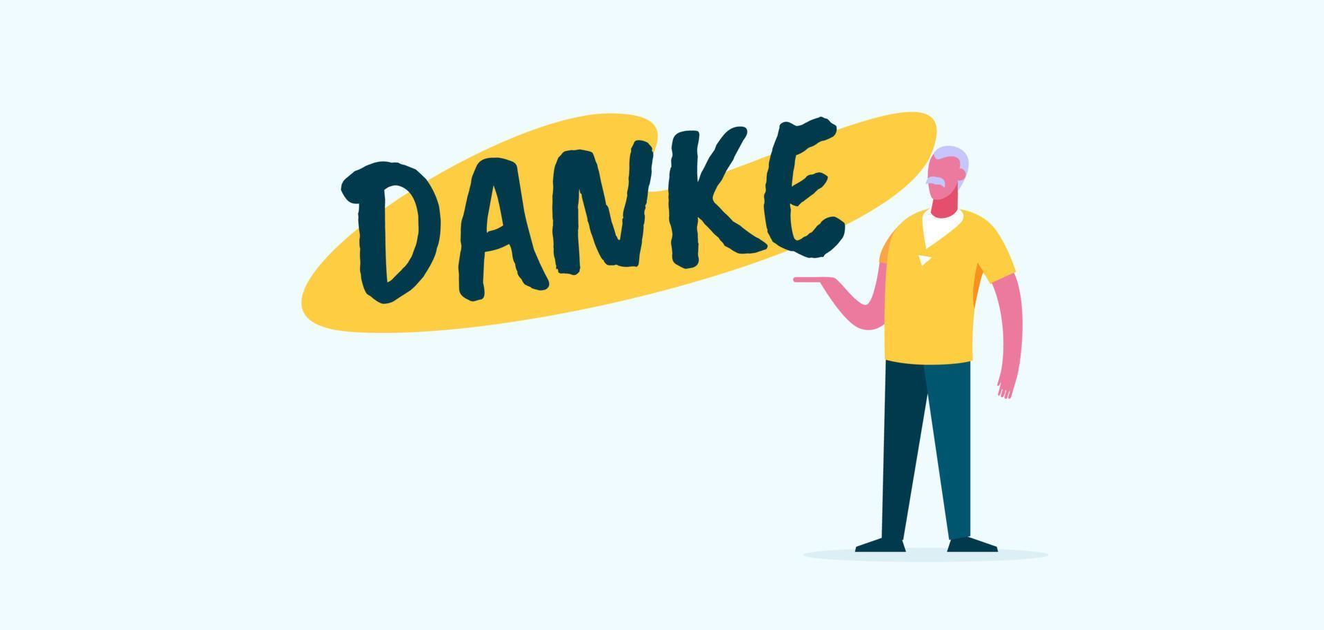 danke is dank u poster. Duitse dankbaarheid in geel en groen grafisch ontwerp bericht voor bijstand in werk. vector