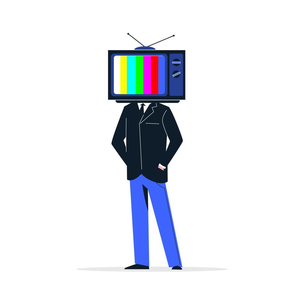 abstract tekenfilm mannetje persoon in pak met TV hoofd staand geïsoleerd Aan wit achtergrond vector