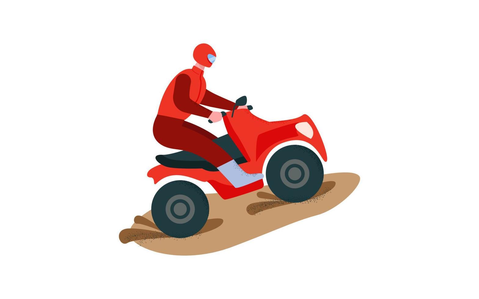 rijder Aan een rood atv. extreem meerwielig rit quad ras over- bergachtig modderig terrein. motor renner in de woestijn. vector