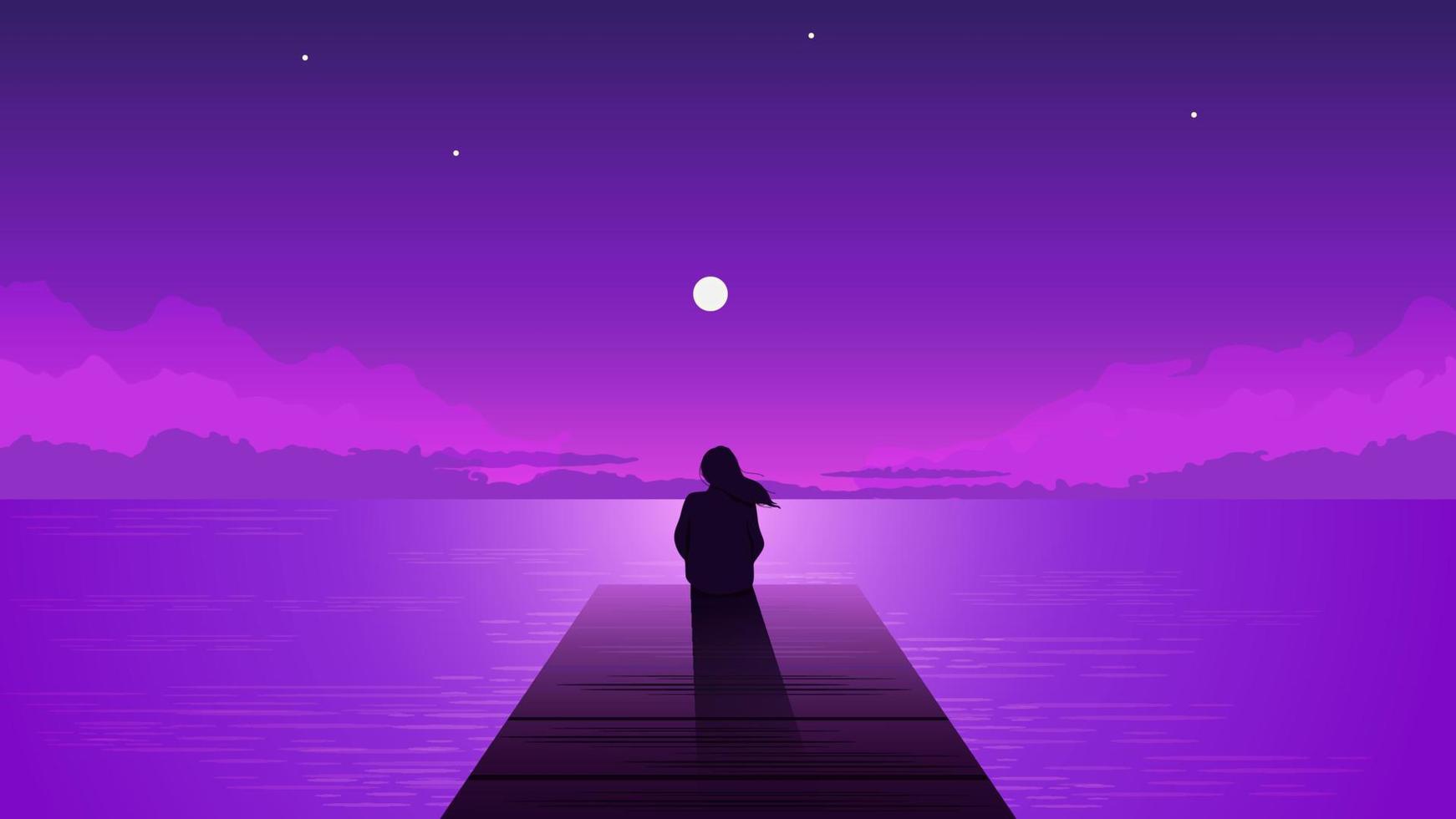 nacht silhouet eenzaam meisje met stijgende lijn maan. alleen dromerig vrouw op zoek Bij Purper lucht met maan tussen wolken Aan zee pier illustratie vector persoon eenzaamheid nadenkend depressie.