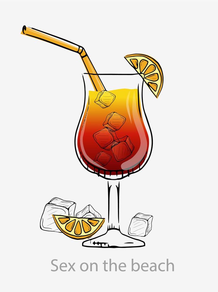 cocktail seks Aan de strand. rood geel cocktail ijs kubussen groen rietjes oranje plak lang drinken alcoholisch wodka oranje perzik sap geserveerd highball vector glas categorie modern klassiek.