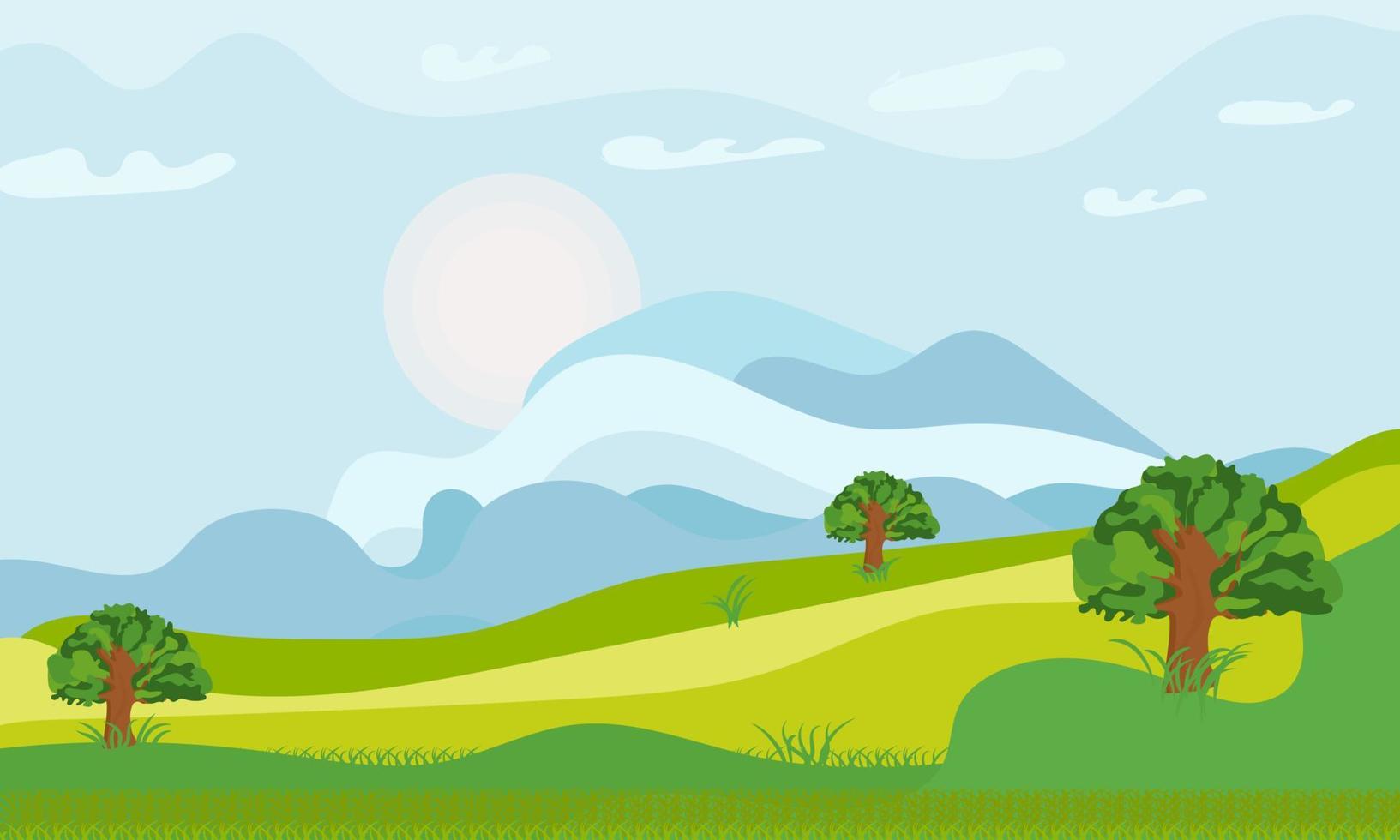 blanco weide landschap groen tafereel Bij zonsondergang tijd, wild natuur achtergrond, landschap behang illustratie vector