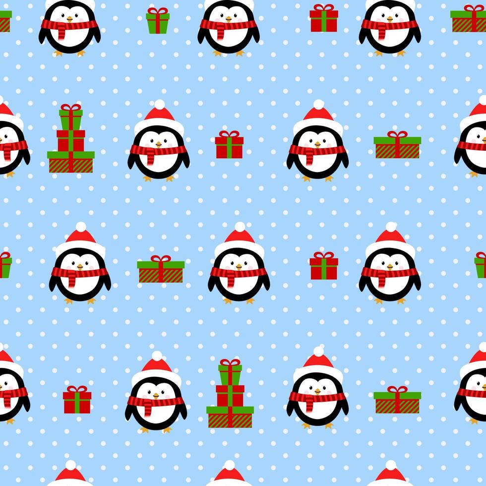 naadloos schattig patroon, pinguïns en geschenken. afdrukken voor inpakken, behang, kleding stof, textiel. Kerstmis en nieuw jaar groet kaarten. vector