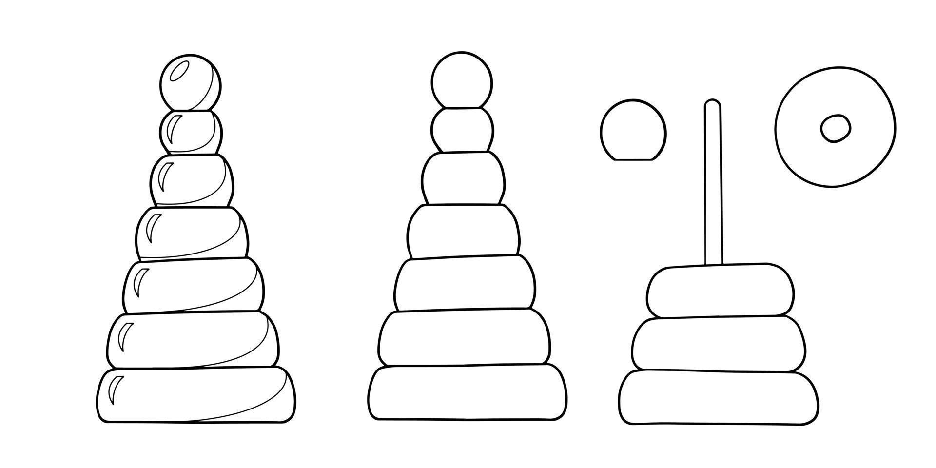 monochroom reeks van afbeeldingen, piramide, kinderen speelgoed, vector illustratie Aan een wit achtergrond