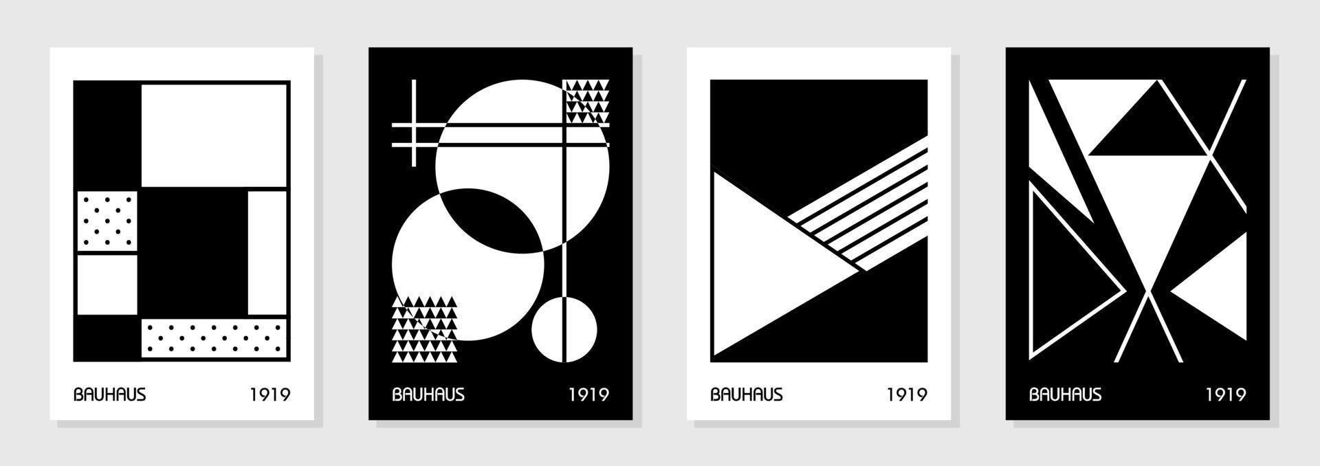 set van 4 minimale vintage 20s geometrisch ontwerp posters, kunst aan de muur, sjabloon, lay-out met primitieve vormen elementen. bauhaus retro patroon achtergrond, vector abstracte cirkel, driehoek en vierkante lijntekeningen