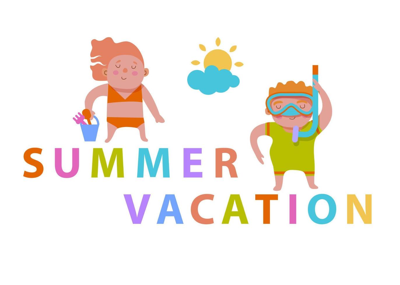 een weinig meisje in een zwempak met een emmer en een weinig jongen met pijpen en stofbril Aan zomer vakantie vector