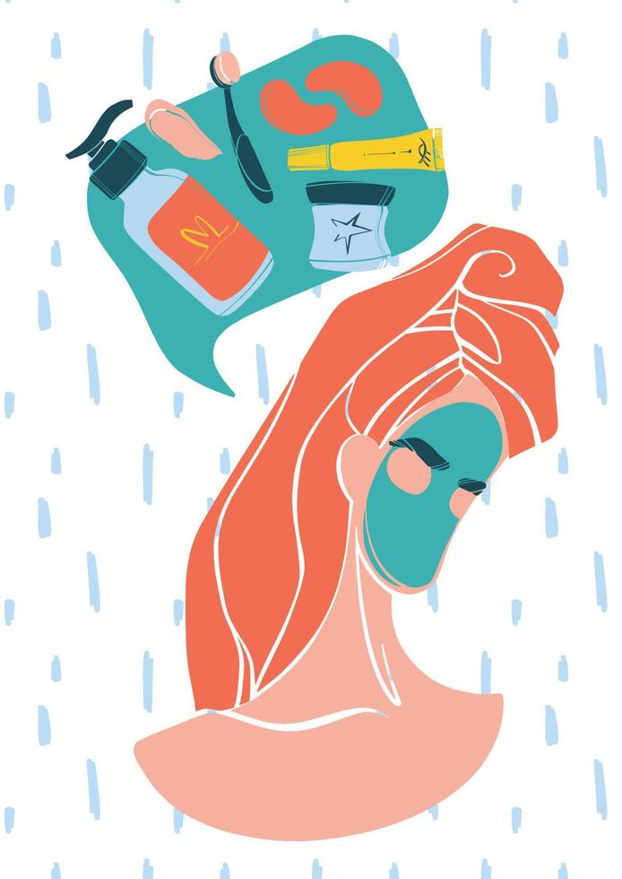 ochtend- gelaats behandeling. huis spa. na douche routine- voor Dames. schoonheid en zorg producten. zorg concept ontwerp. vector vrouw gezicht. modern vector.