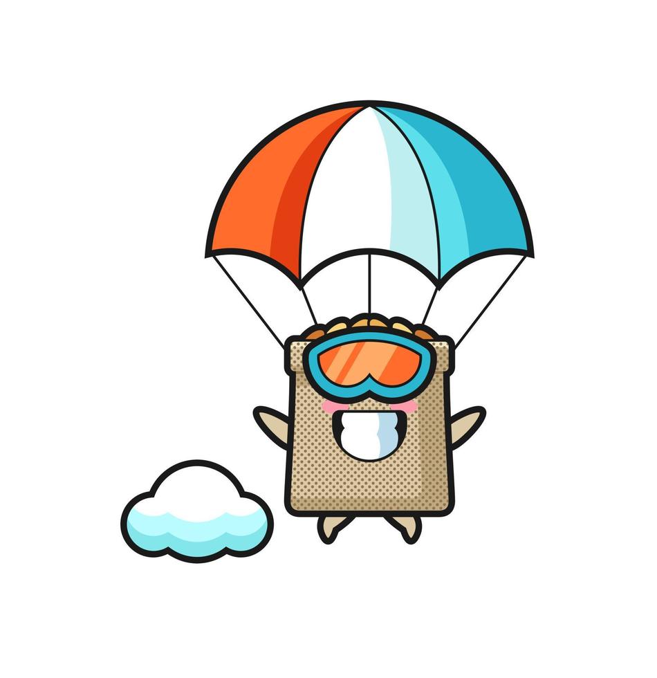 tarwe zak mascotte tekenfilm is Parachutespringen met gelukkig gebaar vector