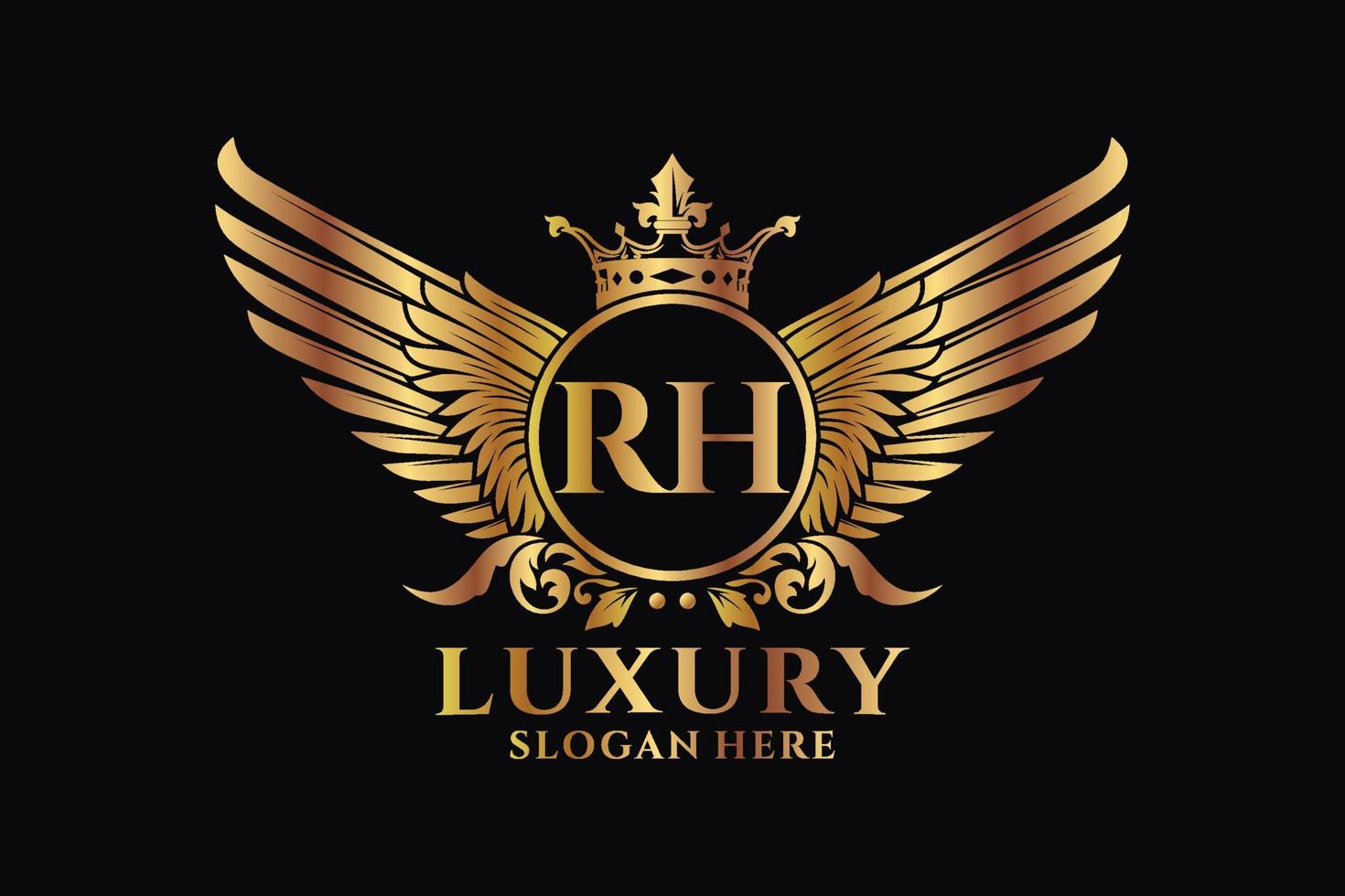 luxe Koninklijk vleugel brief rh kam goud kleur logo vector, zege logo, kam logo, vleugel logo, vector logo sjabloon.