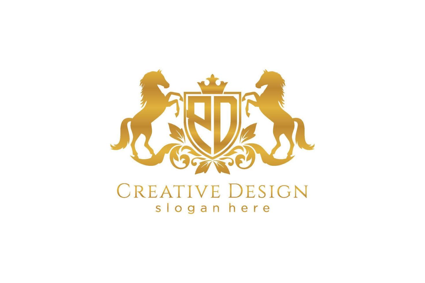 eerste pd retro gouden kam met schild en twee paarden, insigne sjabloon met scrollt en Koninklijk kroon - perfect voor luxueus branding projecten vector