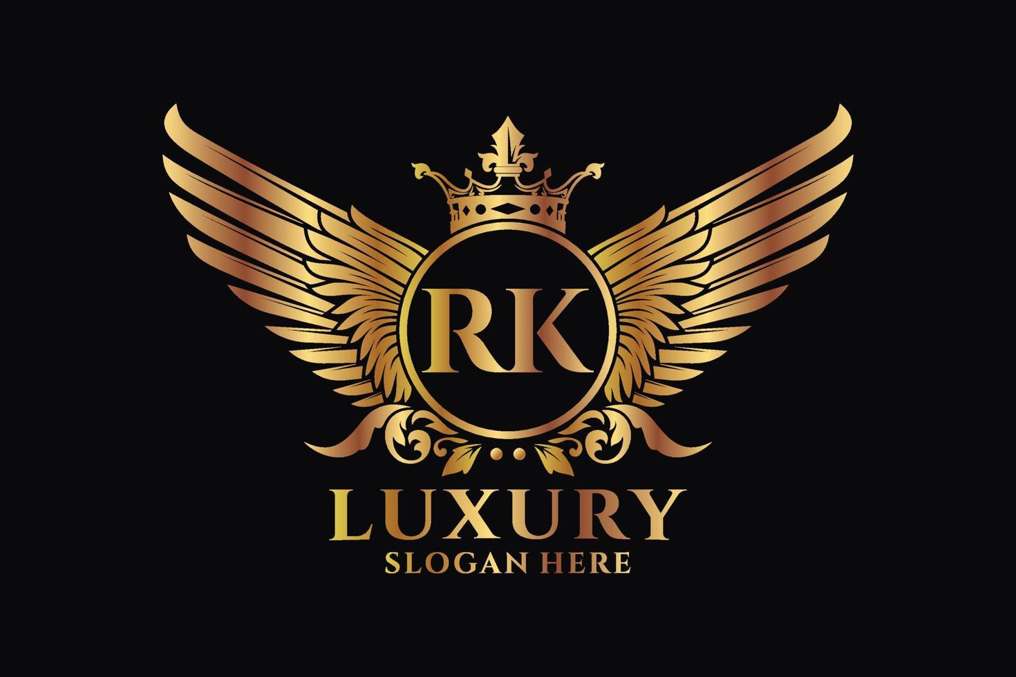 luxe Koninklijk vleugel brief rk kam goud kleur logo vector, zege logo, kam logo, vleugel logo, vector logo sjabloon.