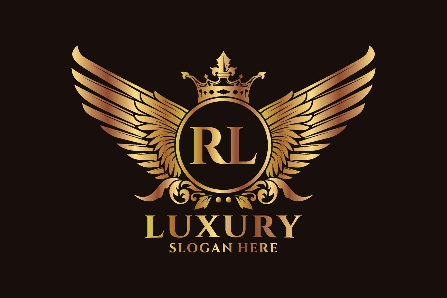 luxe Koninklijk vleugel brief rl kam goud kleur logo vector, zege logo, kam logo, vleugel logo, vector logo sjabloon.