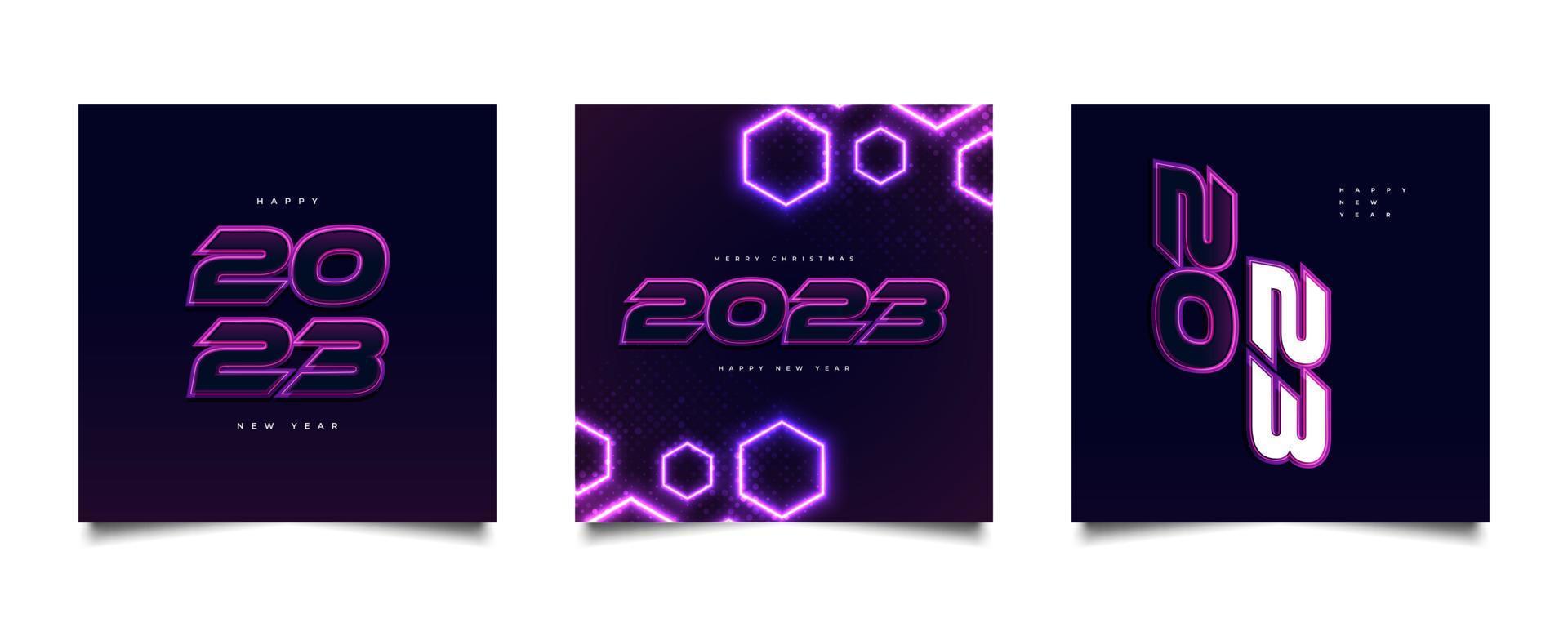 gelukkig nieuw jaar 2023 poster reeks met futuristische concept en kleurrijk neon effect. 2023 nieuw jaar ontwerp Sjablonen voor viering, achtergrond, banier, omslag, kaart, en sociaal media sjabloon vector