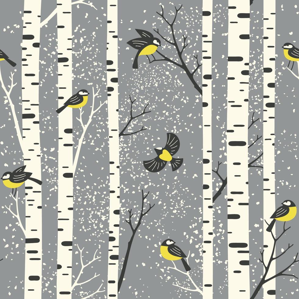 besneeuwd berk bomen en vogelstand Aan licht blauw achtergrond. naadloos patroon. perfect voor kleding stof, behang, cadeaupapier of ansichtkaart ontwerp. vector