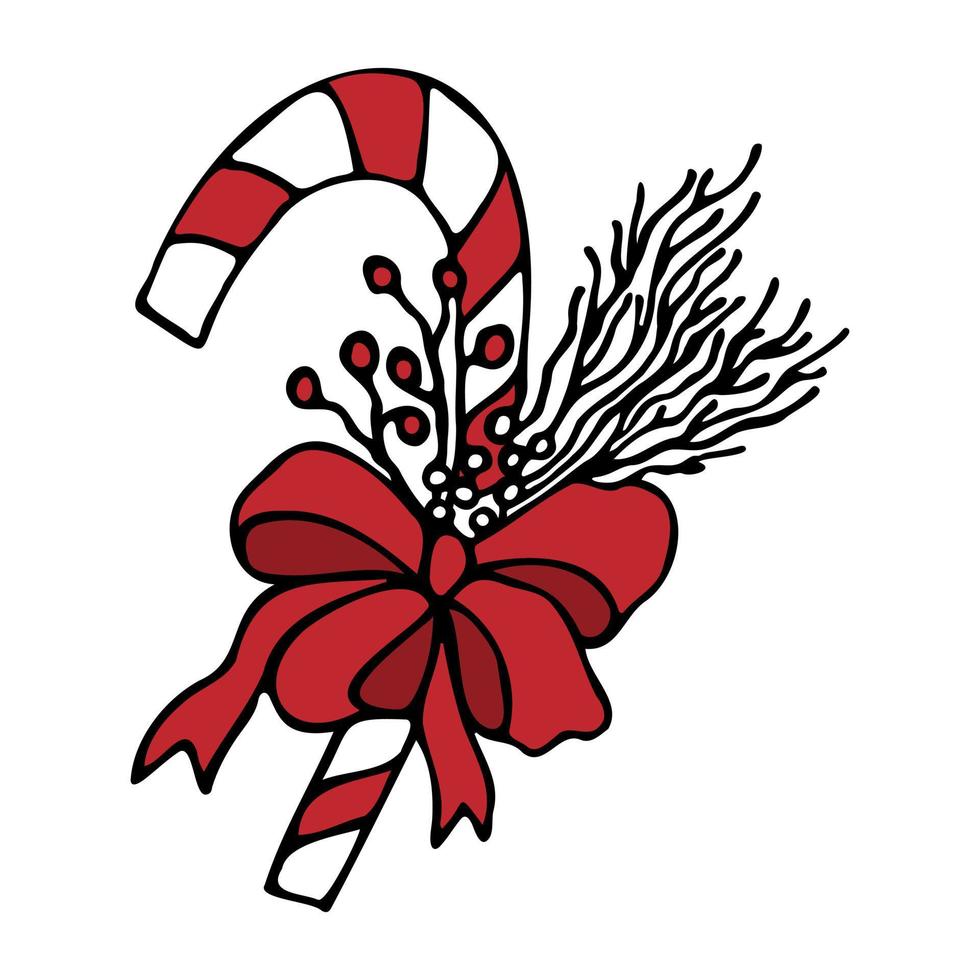 Kerstmis snoep riet met een boog is hand- getrokken. Kerstmis samenstelling met gestreept lolly in tekening stijl geïsoleerd Aan wit achtergrond. vector illustratie.