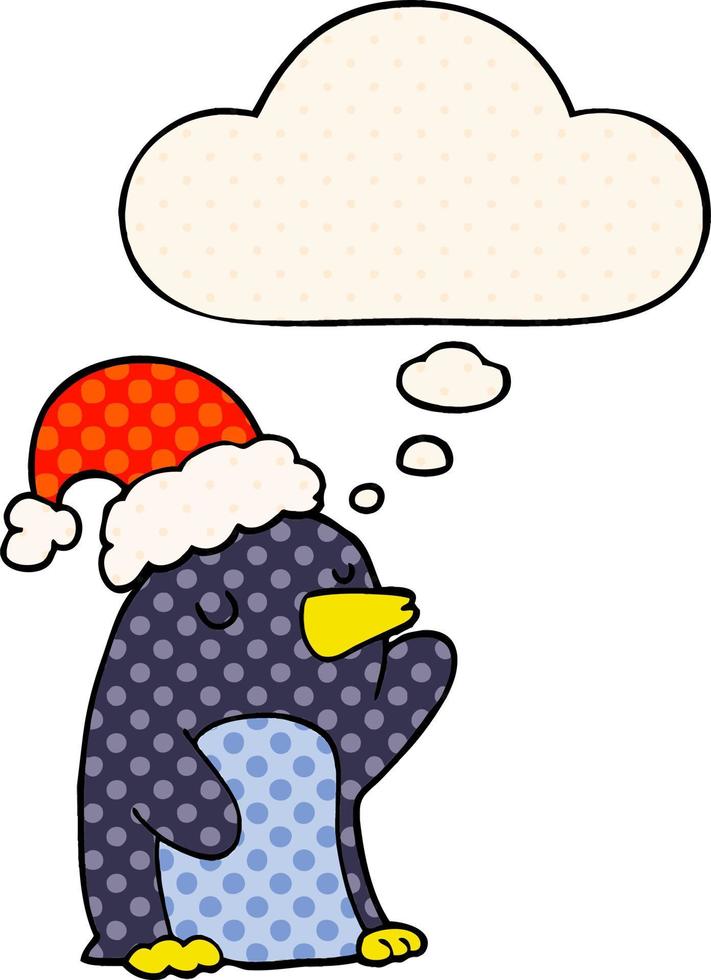 schattige cartoon kerstpinguïn en gedachte bel in stripboekstijl vector