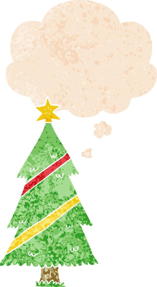 cartoon kerstboom en gedachte bel in retro getextureerde stijl vector