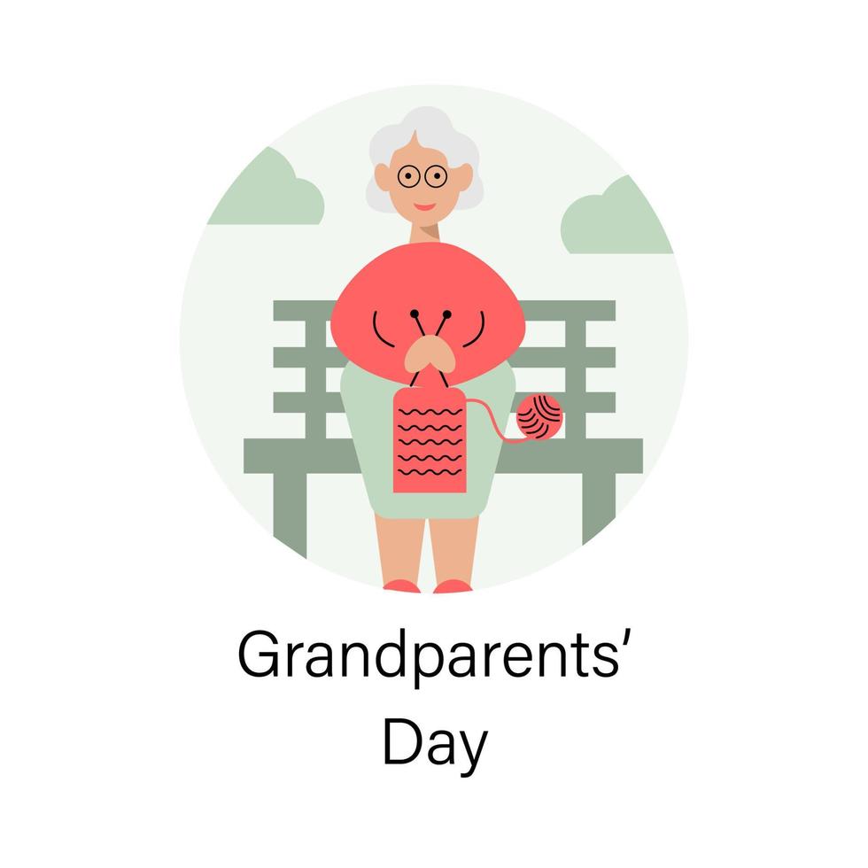 ouderen vrouw breiwerk Aan een bank. gelukkig grootouders dag groet kaart. vector illustratie