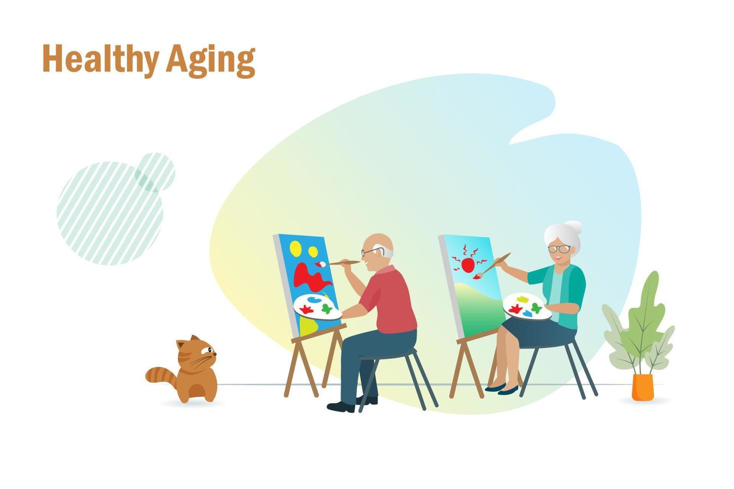 gezond veroudering, senior levensstijl. gelukkig ouderen paar schilderij canvas voor ontspanning en recreatie activiteiten. vector