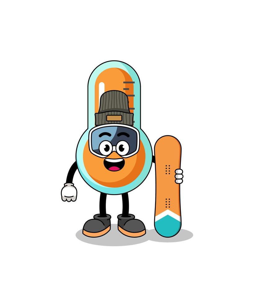 mascotte tekenfilm van thermometer snowboard speler vector