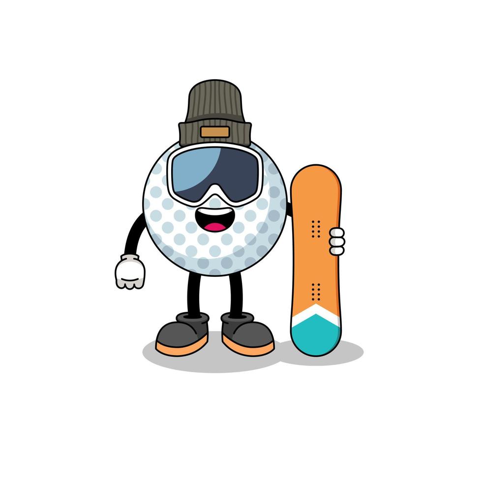 mascotte tekenfilm van golf bal snowboard speler vector
