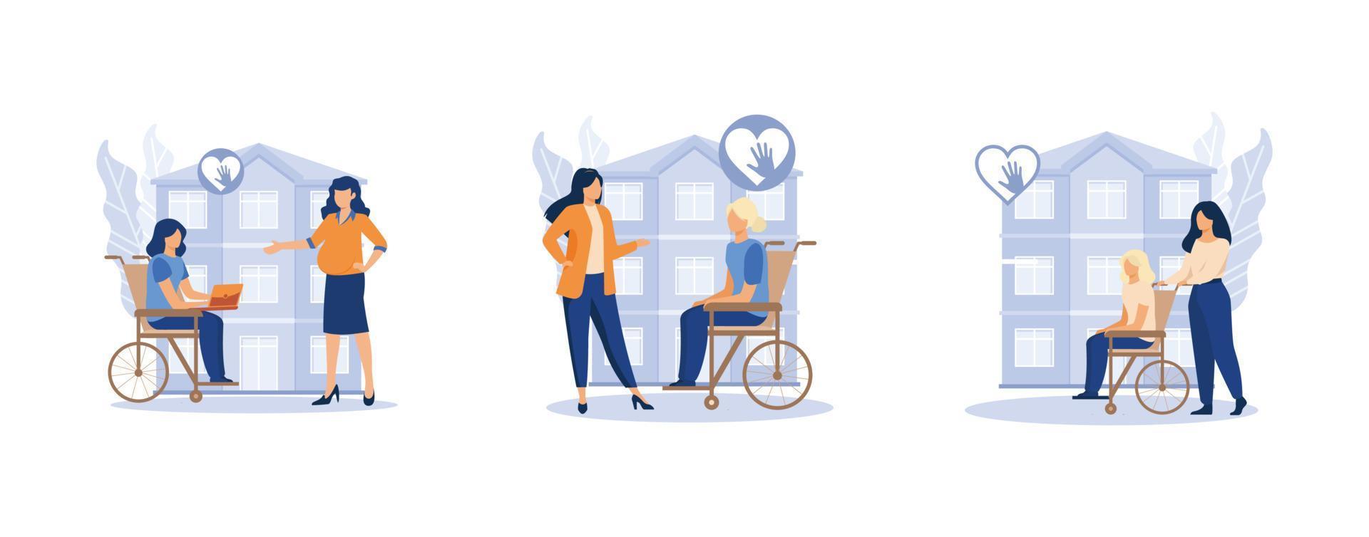 sociaal Diensten werk. sociaal faciliteiten, zorg voor de ouderen en gehandicapt mensen, Gezondheid zorg, gepensioneerd mensen, verpleging huis. reeks vlak vector modern illustratie