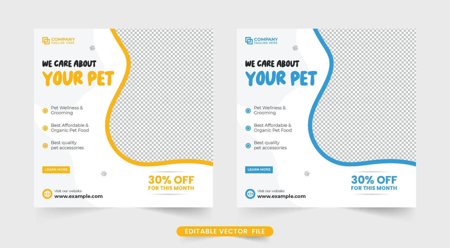 gemakkelijk huisdier zorg onderhoud web banier ontwerp met abstract vormen. modern huisdier zorg bedrijf advertentie sjabloon met geel en blauw kleuren. huisdier uiterlijke verzorging en gezondheidszorg winkel sjabloon vector. vector