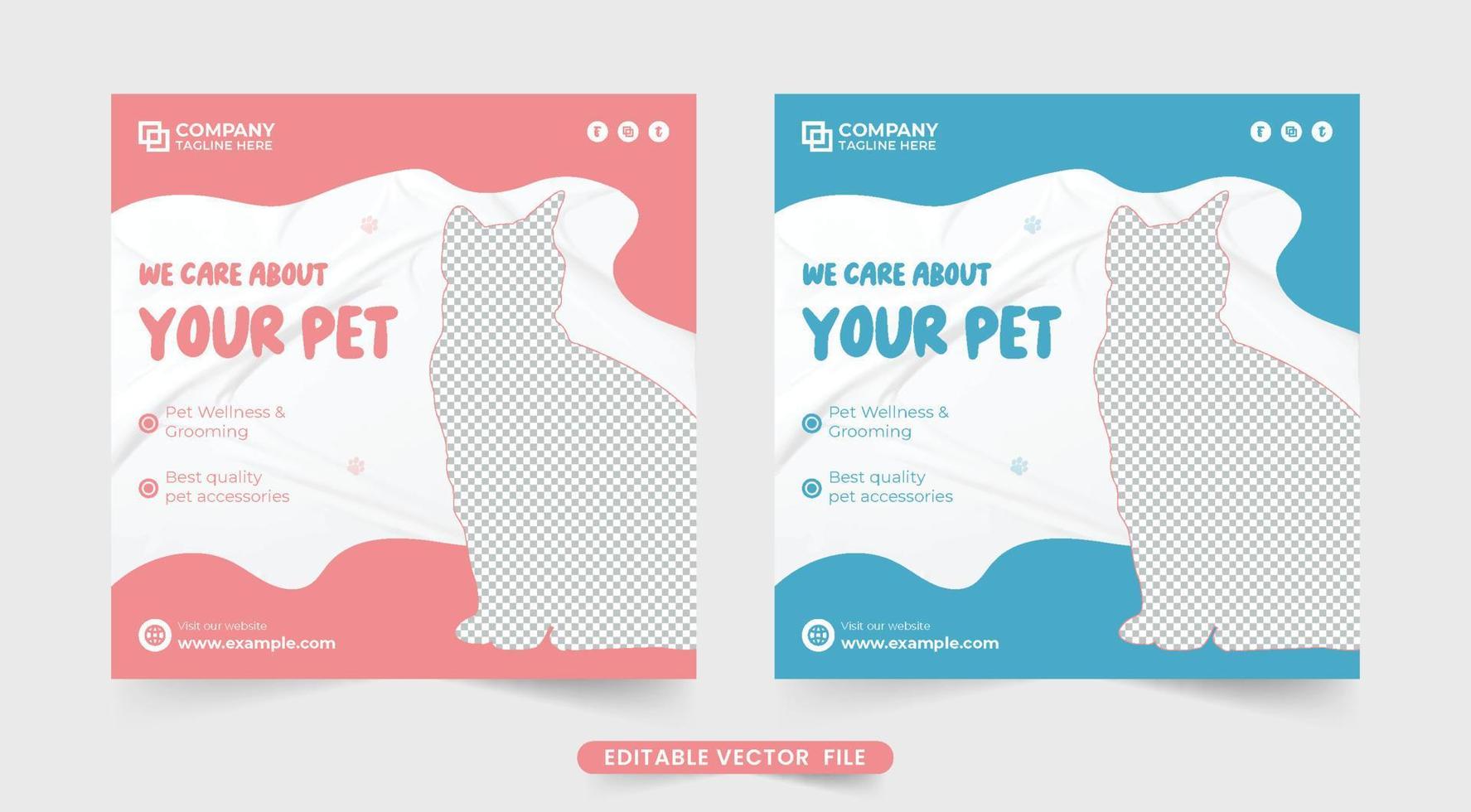 huisdier winkel advertentie sjabloon met roze en blauw kleuren. dier veterinair en gezondheidszorg bedrijf Promotie sjabloon met abstract vormen. huisdier zorg onderhoud web banier ontwerp voor sociaal media posten. vector