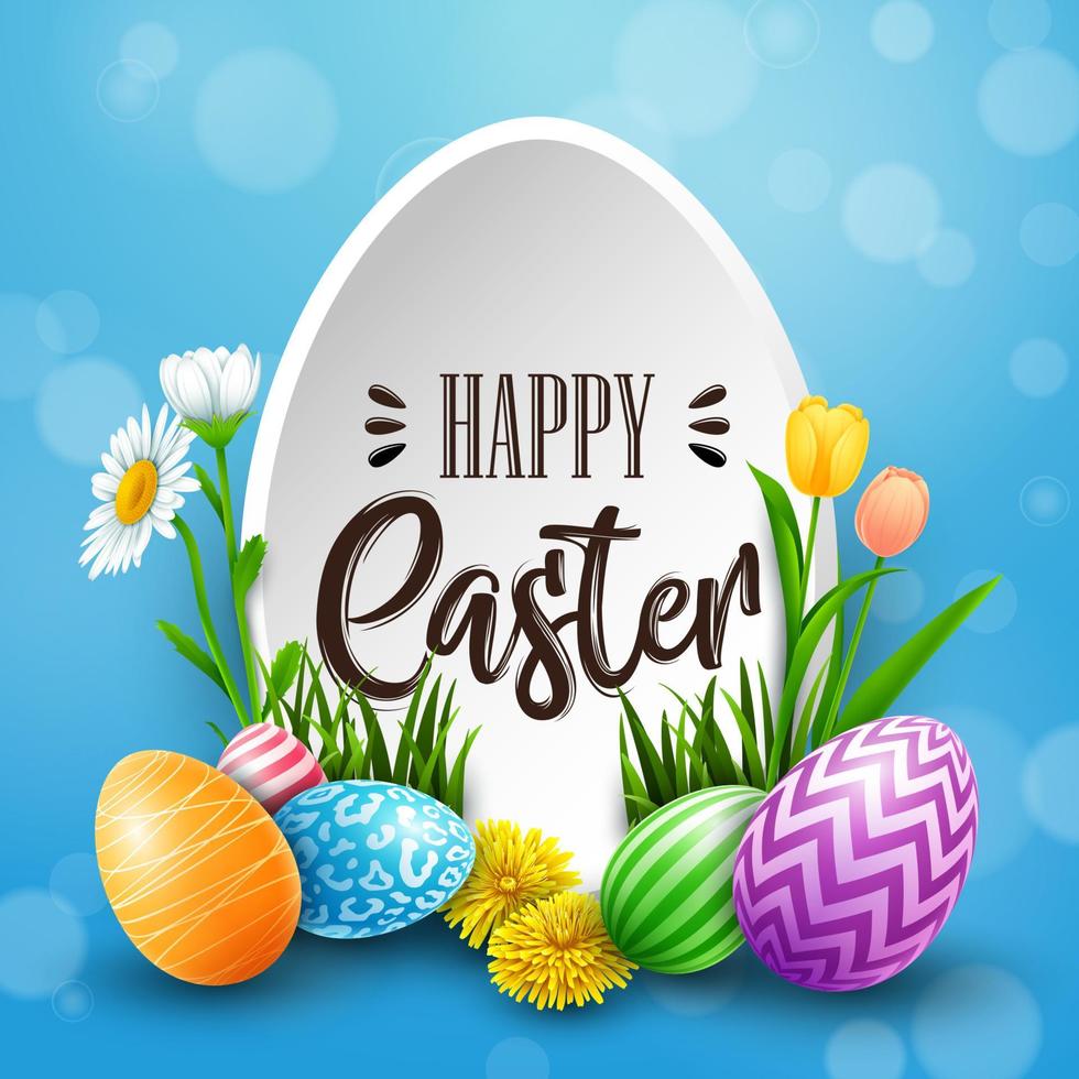 gelukkig Pasen groet kaart met gekleurde eieren, bloemen Aan blauw achtergrond vector