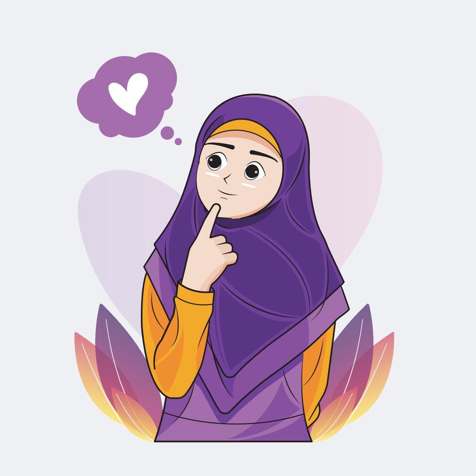 hijab weinig meisje denken met een glimlach vector illustratie vrij downloaden