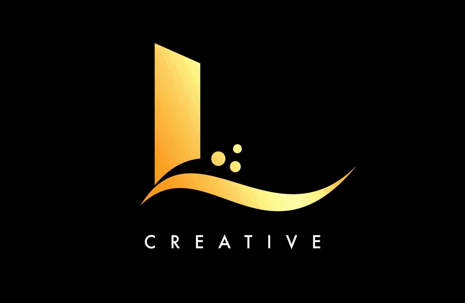 gouden l brief logo ontwerp met elegant creatief swoosh en dots vector