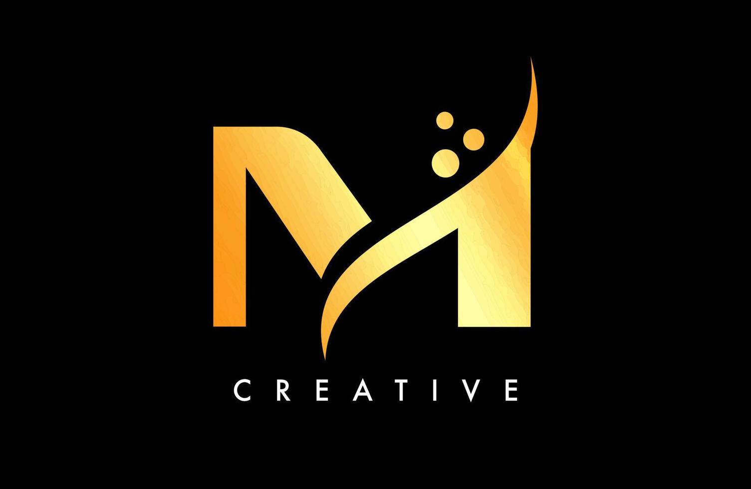 gouden m brief logo ontwerp met elegant creatief swoosh en dots vector