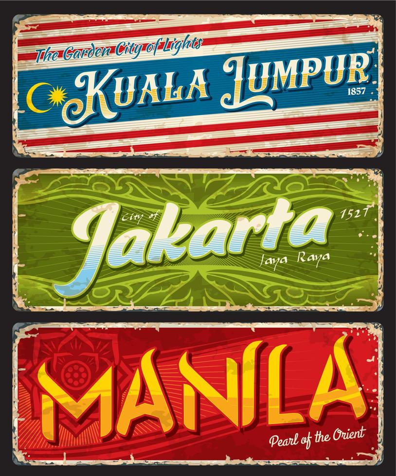 Jakarta, Kuala lomp, manilla stad reizen stickers vector