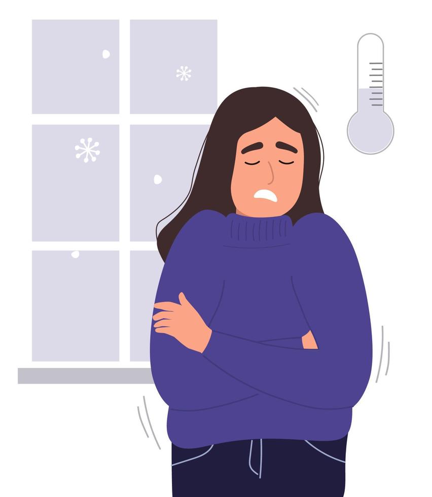 de meisje is bevriezing Bij de venster in haar huis. zijn verkoudheid in de appartement in winter. vector grafiek.