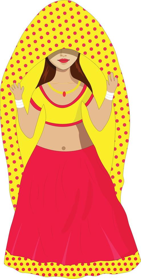 Indisch dame vervelend lehnga choli aan het doen ghonghat vector illustratie tekenfilm