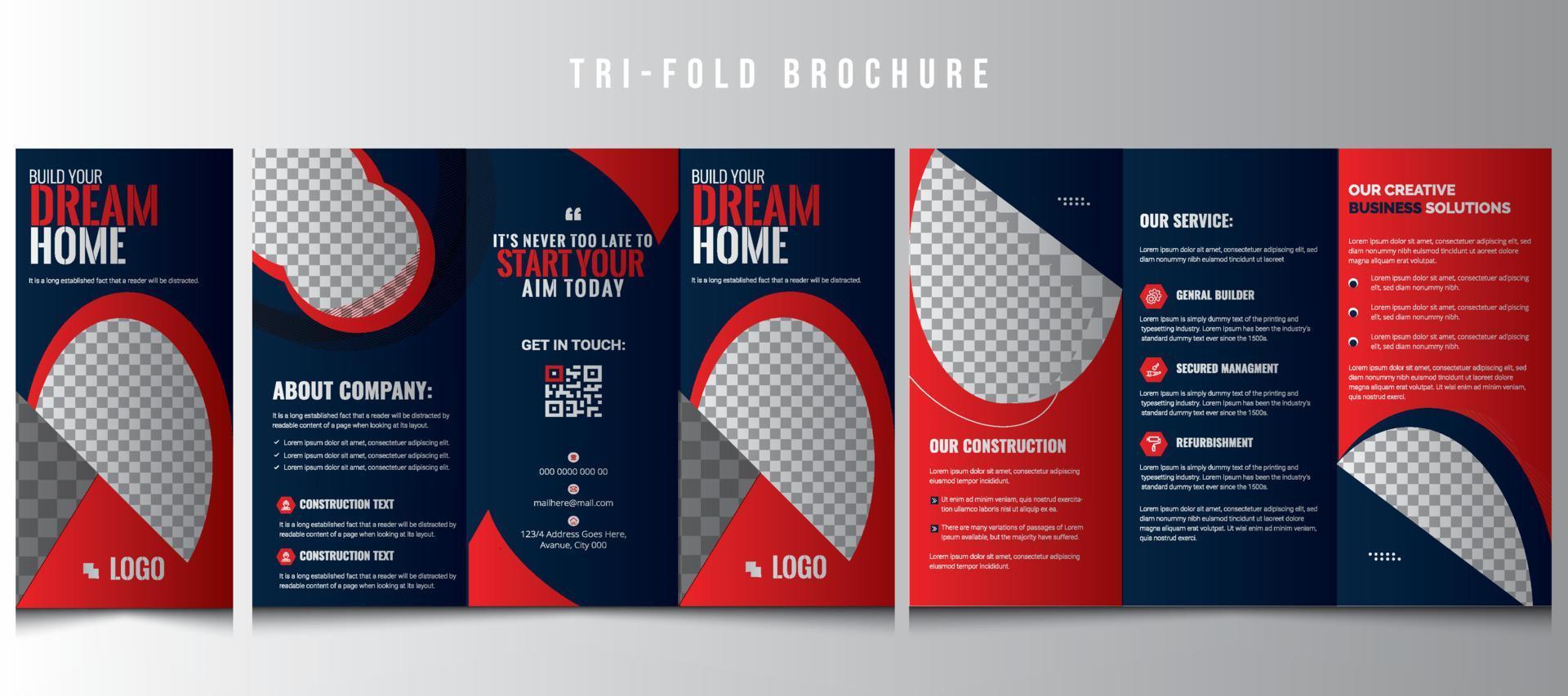 drievoud brochure sjabloon, droom huis brochure ontwerp, bouw, gebouw, bedrijf brochure sjabloon, vernieuwing klusjesman huis reparatie folder, en droom huis sociaal media post banier sjabloon vector