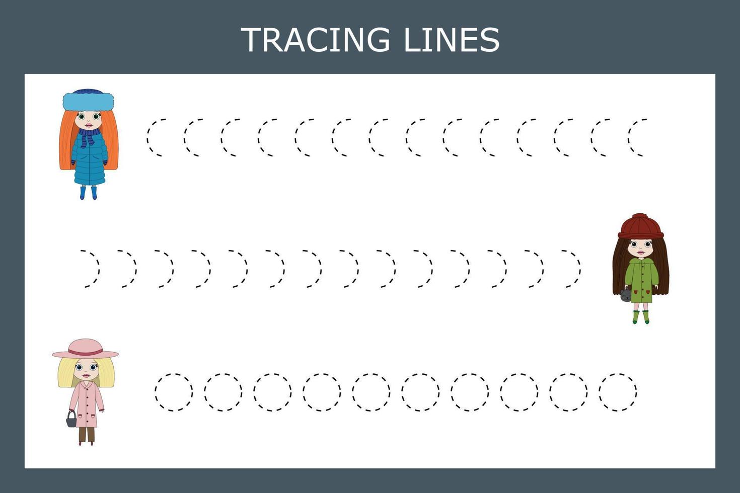 traceren lijnen spel met schattig meisjes, poppen. werkblad voor peuter- kinderen, kinderen werkzaamheid vel, afdrukbare werkblad vector